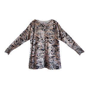 CHICO'S 2 Women 12 14 Tunic Sweater Black Brown Long Sleeve Cotton Blend 42"